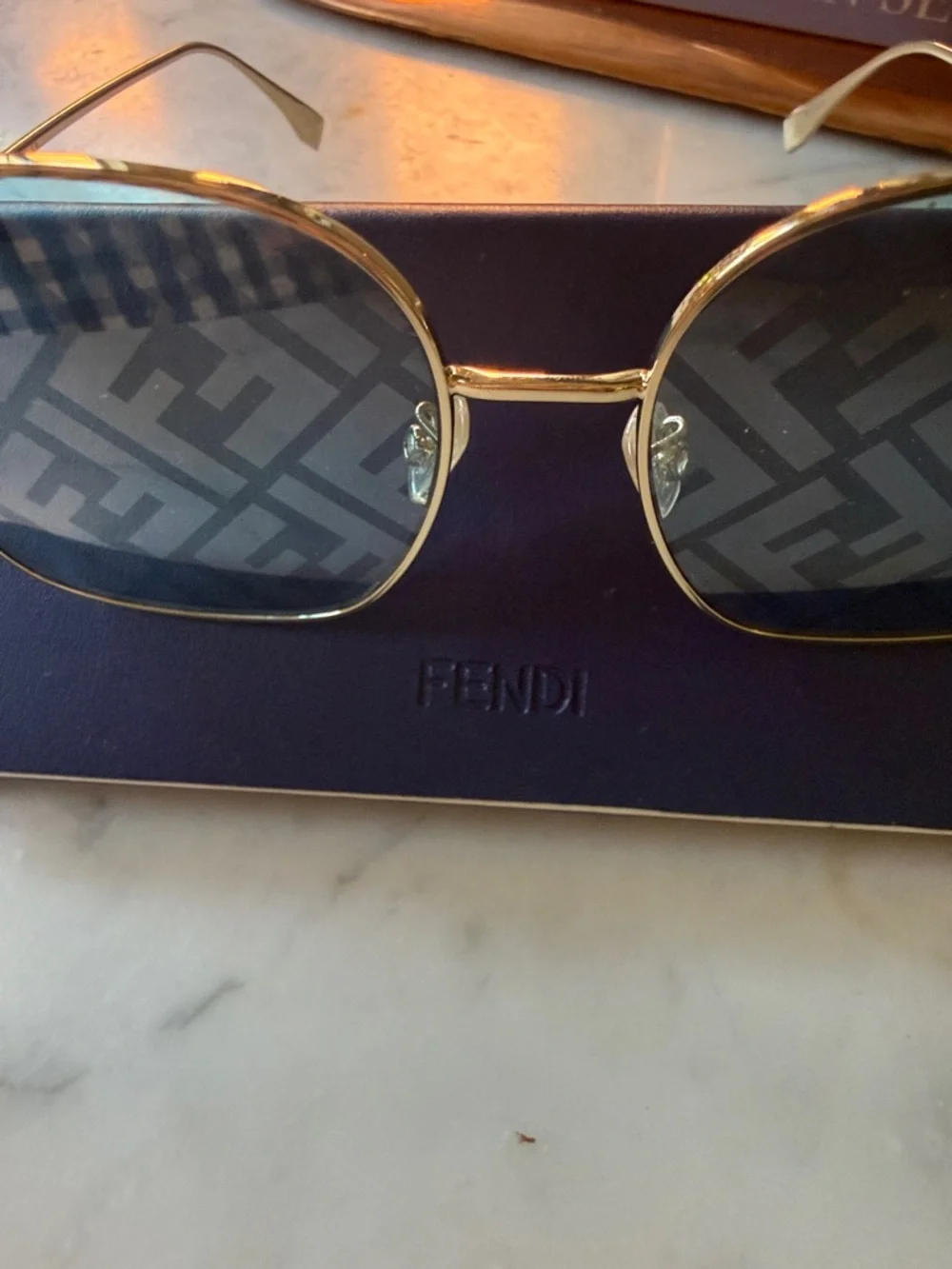 Fendi Gold Frame Sunglasses with Blue Lenses and Signature FF Pattern - Picture 2 of 5